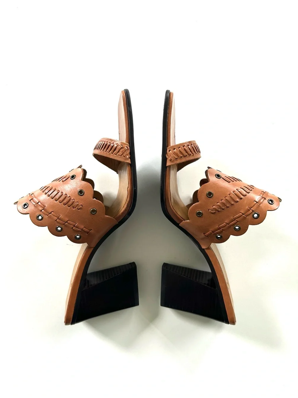 Enzo Angiolini Tan Brown Genuine Leather Woven Studded Open Toe Slide Heels
